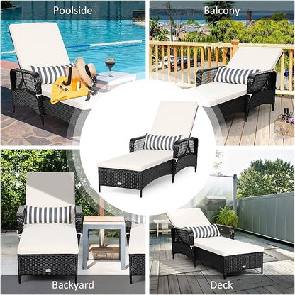 COSTWAY PE Rattan Chaise Lounge Chair, 6 Gear Adjustable Recliner with Armrest & Pillow, Wicker Outdoor Furniture for Deck, Patio (2, Black)