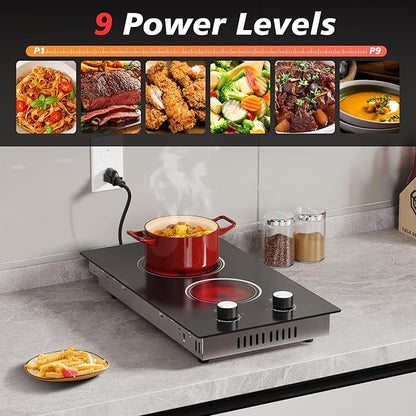 Electric Cooktop 2 Burner, 110V Electric Stove Top 2000W with Knob Control, 12 Inch Electric Radiant Cooktop Countertop & Built-in, Residual Heat Indicator, Over-Heat Protection, Plug in