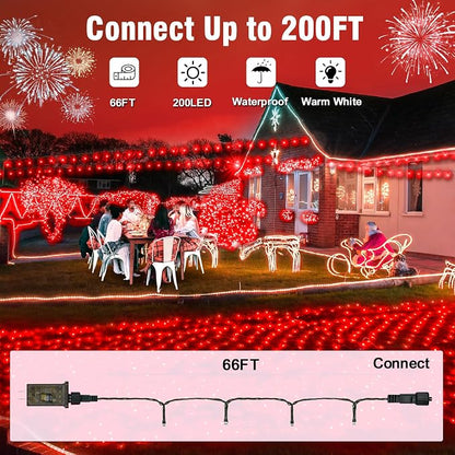 Nisocy Red String Lights with Green Wire, Waterproof Christmas Tree Fairy Lights with 8 Modes, Indoor Outdoor Decorative Lighting for Holiday, Party, Garden, Patio(66FT)