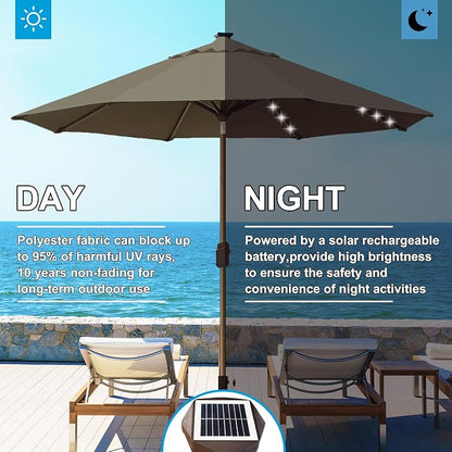 Eurmax USA 10-Year-Non-Fading 10FT Outdoor Patio Market Umbrella with LED Lights,UPF50+ UV Resistant,Heavy Duty Commercial Grade,Crank Lift&Tilt,Windproof Vented Top for Garden,Pool,Deck,Taupe