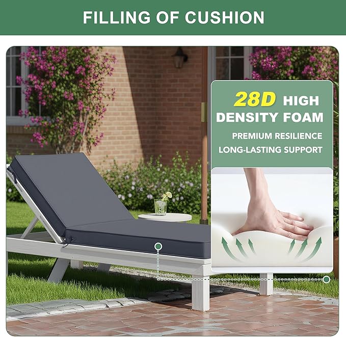 Summsun Chaise Lounge Cushions Outdoor Set of 4 - Waterproof and Fade Resistant Sun Lounger Replacement Cushions - Patio Lounger Pads with Removable Cover for Pool, Deck, 80 x 26 x 3 Inch, Dark Grey