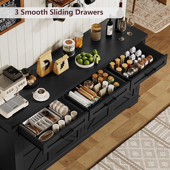 usikey Buffet Cabinet, 61” Large Sideboard Buffet Storage Cabinet with 3 Drawers, Farmhouse Coffee Bar with 4 Doors, for Kitchen, Living Room, Black