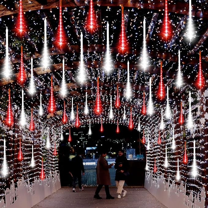 LAMPHOME Red White Lights for Valentines Day Decor, Christmas Outdoor 12-inch LED Meteor Shower Icicle Lights, 10 Tubes 240 LED Shower Rain Waterproof Plug for Wedding Xmas Tree Yard House Decor