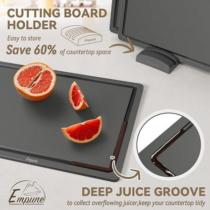 Empune 3-Piece Plastic Cutting Boards for Kitchen - Thick & Non-Slip Chopping Board Set with Juice Grooves, Dishwasher Safe, BPA Free, Includes Large & Small Sizes, Gray