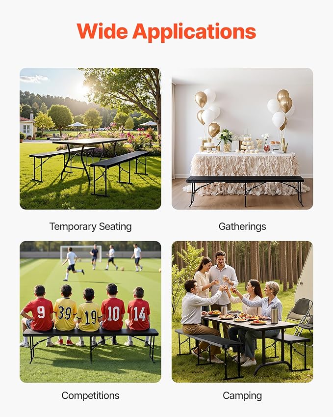 VEVOR Plastic Folding Bench, 6 ft Portable Bench for Outdoor Picnic Party Camping Dining, Foldable Smooth HDPE Seat for Garden Soccer Multipurpose Entertaining Activities, 1/2 Pack (2, Black, 6FT)