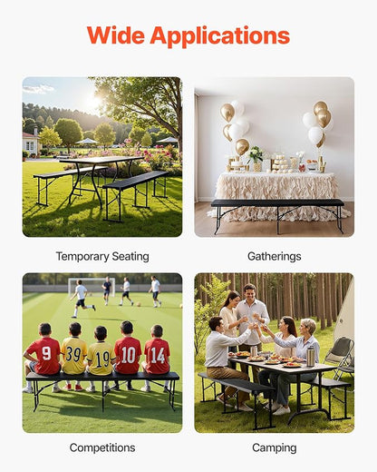 VEVOR Plastic Folding Bench, 6 ft Portable Bench for Outdoor Picnic Party Camping Dining, Foldable Smooth HDPE Seat for Garden Soccer Multipurpose Entertaining Activities, 1/2 Pack (2, Black, 6FT)
