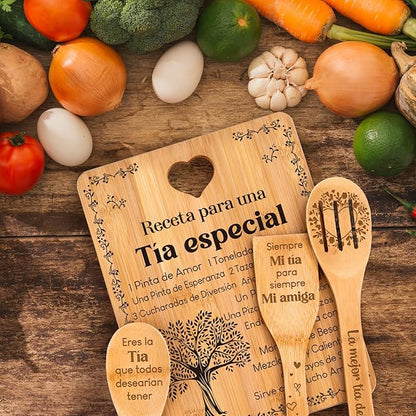 Regalos de cumpleaños para Tía - "Receta para una Tía especial". Juego de tablas de cortar y utensilios de bambú grabados. Regalos de cumpleaños para Tía. Spanish Aunt Cutting Board