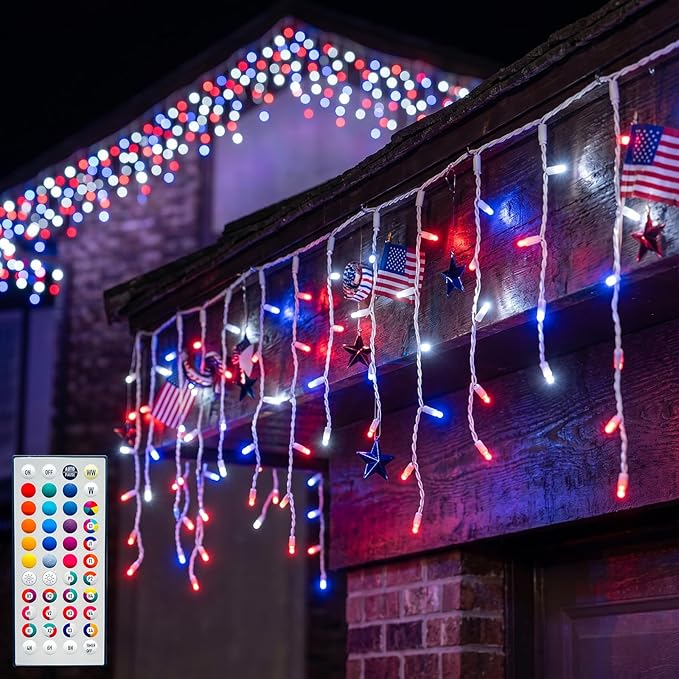 LitHome 26FT Color Changing Icicle Lights for Outdoor, 35 Colors Christmas Icicle Lights Outside with Remote Plug in, Red White and Blue Light Connectable for Xmas Holiday Roof Home Indoor Decor