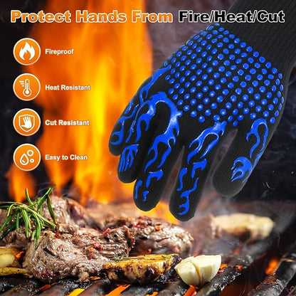M METERXITY 1-Pair BBQ Gloves, 1472°F Heat Resistant Non-Slip Grilling Oven Gloves for Barbecue/Baking/Cooking, with Storage Bag [Flame Pattern L, Blue]