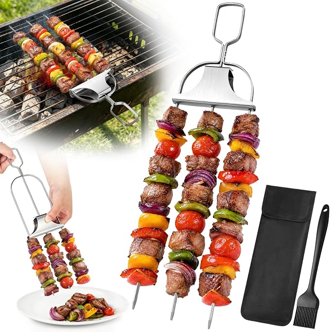 3 Prong Skewers for Grilling, Reusable Metal Kabob Skewers | 14.7" Stainless Steel BBQ Skewer with Push-Off Slider, Outdoor Grill Accessories, for Barbecuing, Grilling