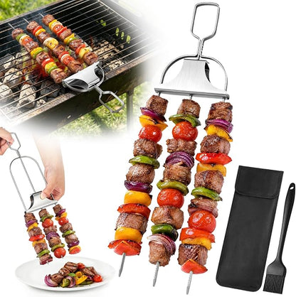 3 Prong Skewers for Grilling, Reusable Metal Kabob Skewers | 14.7" Stainless Steel BBQ Skewer with Push-Off Slider, Outdoor Grill Accessories, for Barbecuing, Grilling
