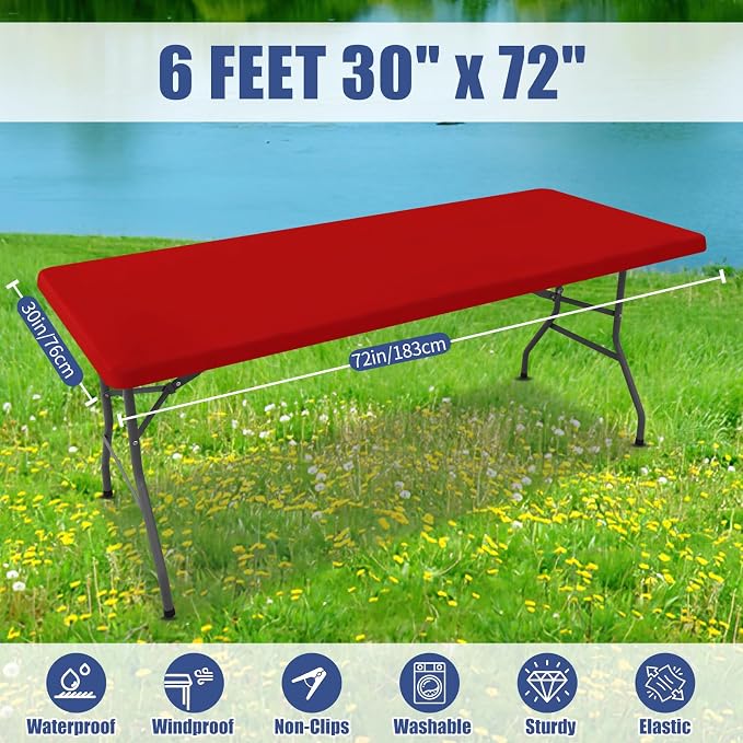 Moosfor 2 Pack Rectangle Spandex Fitted Table Cloth, 6FT Elastic Tablecloth | Washable Picnic Table Cover, Stretch Waterproof Table cloths for Party, Patio, Dining, Kitchen, 30" x 72", Red
