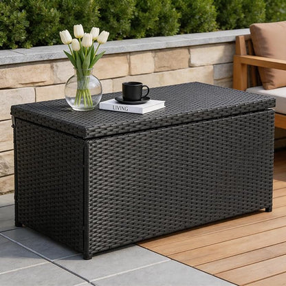 Outdoor 70 Gallon Wicker Storage Box with Waterproof Liner, Patio PE Rattan Storage Container for Outside, Deck Box with Hinged Lid for Cushions, Pillows, Towels, Horizontal Bin, Black