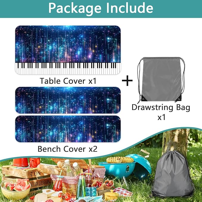 Piano Keyboard Picnic Table Cover with Bench Covers, Camping Essentials, Music Themed Waterproof Windproof, Fitted Tablecloth Cover with Elastic Edge, for Outdoor, Garden, 3 PCS, 30x96 Inch