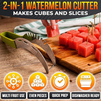2-in-1 Watermelon Slicer Cutter Tool, Stainless Steel, Cubes & Slices | Watermelon Cutter Slicer Tool; Fast Clean Cuts; Dishwasher Safe; for Cutting & Serving; for BBQ, Picnic, Camping & Snack Prep