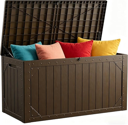Outdoor Storage Box, 95 Gallon Deck Box Outdoor Storage Bench, Outside Waterproof Resin Storage Bench, Lockable Patio Cushions, Garden Tools Storage for Furniture, UV Resistant (Brown)