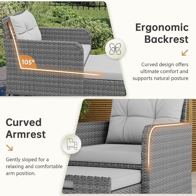 5 Piece Patio Furniture Set, PE Wicker Outdoor Furniture Set with Soft Cushions & Coffee Table, Outdoor Lounge Chairs with Ottoman for Porch, Lawn, Balcony, Light-Grey