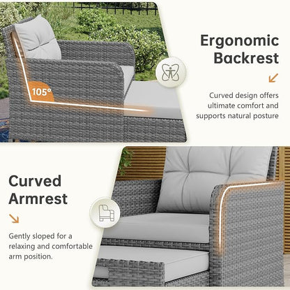 5 Piece Patio Furniture Set, PE Wicker Outdoor Furniture Set with Soft Cushions & Coffee Table, Outdoor Lounge Chairs with Ottoman for Porch, Lawn, Balcony, Light-Grey