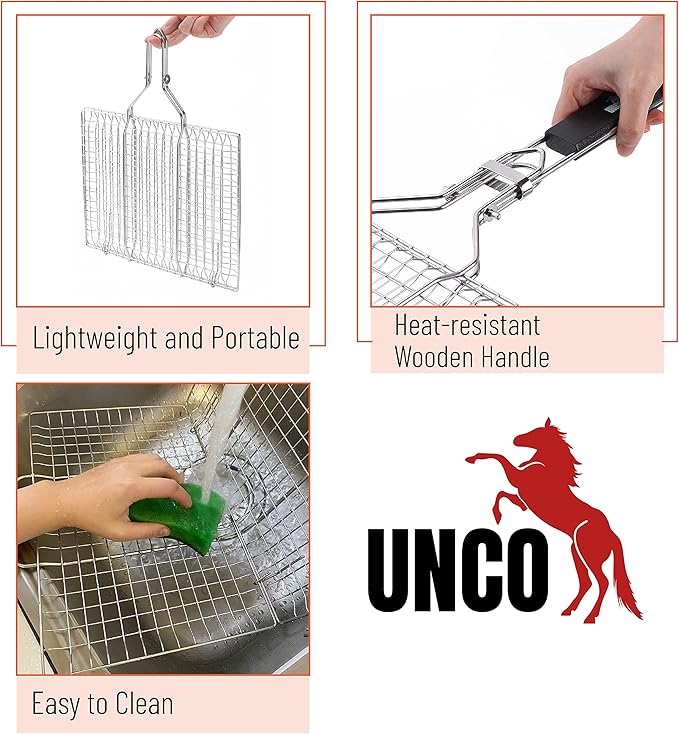 UNCO- Fish Grilling Basket, 2 Sets, Folding Portable Stainless Steel BBQ Grill Basket with Removable Handle and Silicon Basting Brush for Fish, Vegetables, Shrimp, Gifts for Dad, Husband & Friend