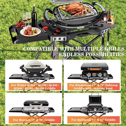 Hisencn Grill Stand for Weber Q1200, Q1000, Q2200, Q2400 Portable Grill Cart for Blackstone 17"& 22" Table Top Griddles, Outdoor BBQ Stand for Weber Q Series Gas Grills, for Travel and Camping