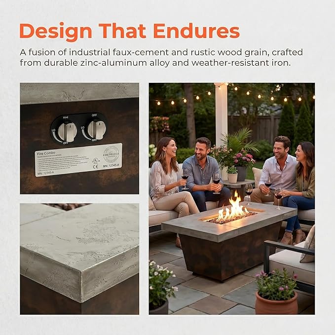 42x24 Inch Rectangle Propane Fire Pit Table 50000 BTU Cement-Imitating Outdoor Patio Heater with Lid & Volcanic Rock, Modern Fire Table for Backyard Garden