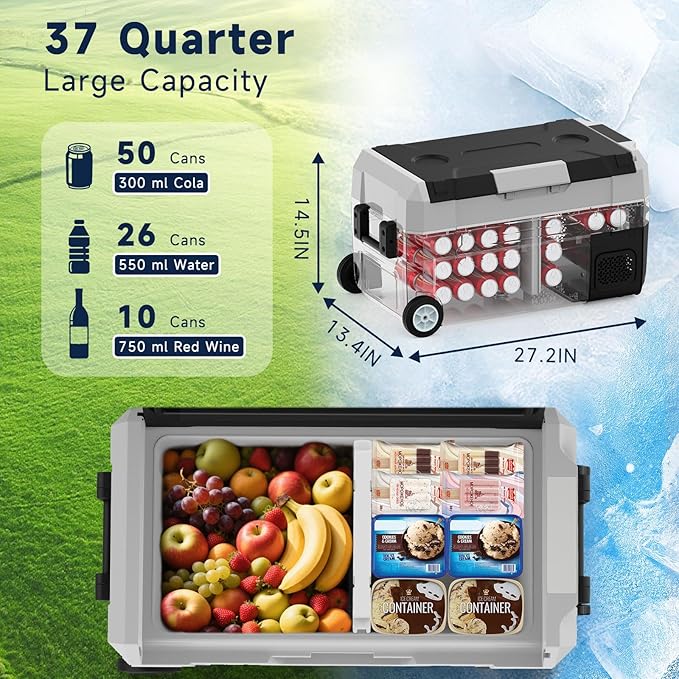 AS Car Fridge Portable 12V Refrigerator 37 Quart Electric Cooler with 12/24V DC&110-240V AC for Truck Van RV Camper SUV, Portable Freezer with Wheels for Camping Boat Travel, -4~68°F (35L)