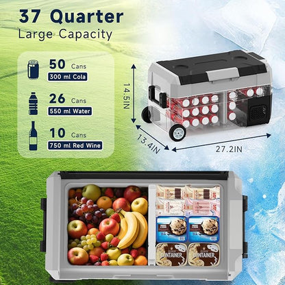 AS Car Fridge Portable 12V Refrigerator 37 Quart Electric Cooler with 12/24V DC&110-240V AC for Truck Van RV Camper SUV, Portable Freezer with Wheels for Camping Boat Travel, -4~68°F (35L)