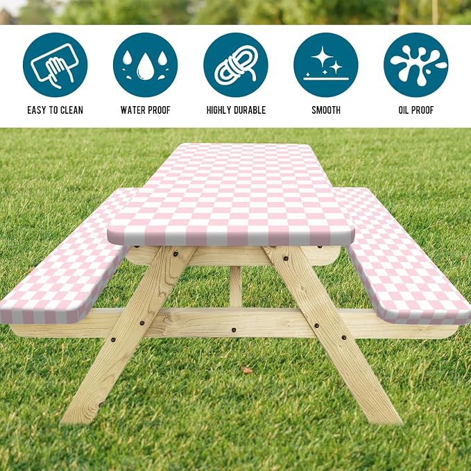 Picnic Table Cover with Bench Covers and Bag, Pink and White Checkered Gingham Buffalo Plaid Camping Tablecloth Cover Waterproof Windproof Elastic Edges Fitted Tablecloths for Outdoor 3PCS 30x72 Inch