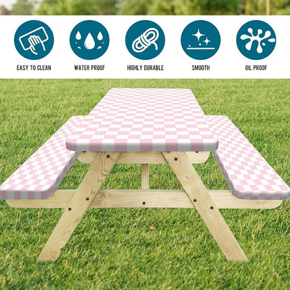 Picnic Table Cover with Bench Covers and Bag, Pink and White Checkered Gingham Buffalo Plaid Camping Tablecloth Cover Waterproof Windproof Elastic Edges Fitted Tablecloths for Outdoor 3PCS 30x72 Inch