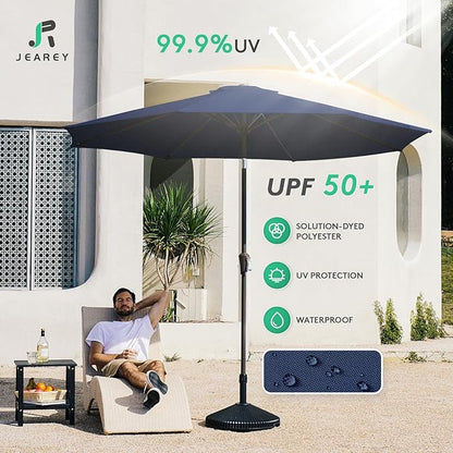 JEAREY 10FT Outdoor Patio Umbrella Outdoor Table Umbrella with Push Button Tilt and Crank, Market Umbrella 8 Sturdy Ribs UV Protection Waterproof for Pool, Garden (Dark Blue)