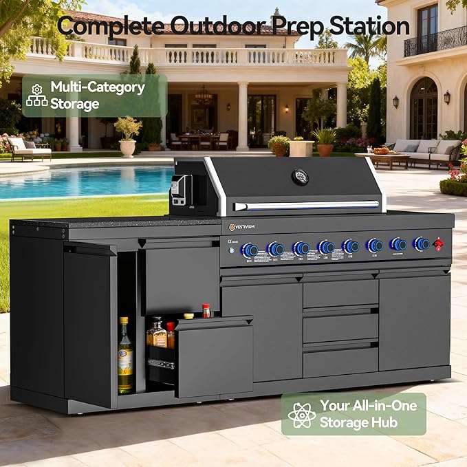 Outdoor Kitchen Combo Cabinet Left Door + Right Two Drawers, Stainless Steel Storage with White Quartz Countertop, for Grill Island, Patio BBQ Station