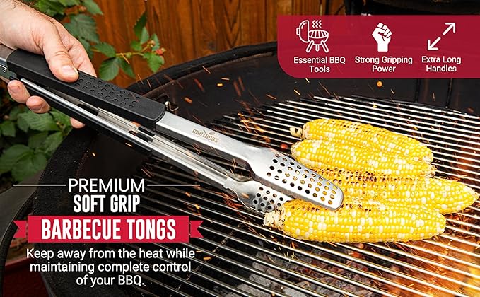12" Long Tongs 18/0 Stainless Steel BBQ Grill Tongs with Durable Soft Grip Handle for Cooking - Durable Grilling Accessory, Tongs for Cooking & Kitchen, Outdoor Barbecue, Easy to Clean - 2-Pack
