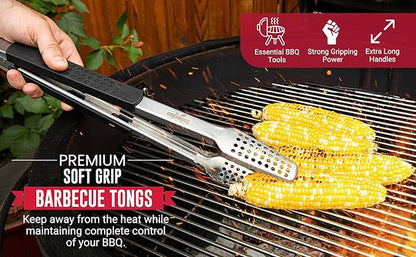 12" Long Tongs 18/0 Stainless Steel BBQ Grill Tongs with Durable Soft Grip Handle for Cooking - Durable Grilling Accessory, Tongs for Cooking & Kitchen, Outdoor Barbecue, Easy to Clean - 2-Pack