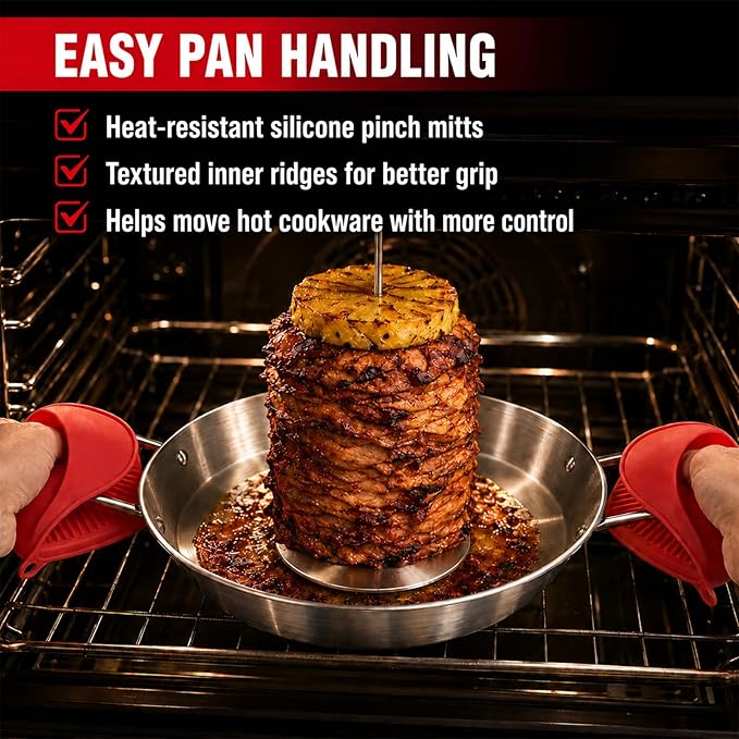 Al Pastor Skewer for Grill, 13 Inch Stainless Steel Vertical Skewer Pan with 5 Spikes, Grease Separator Tray, Tongs, Gloves & Basting Brushes, Shawarma Gyro Kebab Stand for Oven Smoker BBQ