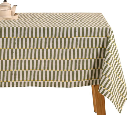 100% Cotton Hand Block Printed, Tablecloth for Kitchen, Dining, Table Cover for Parties, Chritmas, Weddings, Barbecues and Summer picnics Table Cloth (Green & Yellow, 60" x 90")