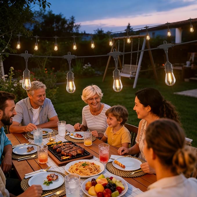 Outdoor String Lights 100FT 64+4 Bulbs(1.5 FT Apart) Remote Patio Lighting | Waterproof IP65 Linkable Outside Lights with Remote Timer&3 Modes for Commercial Backyard Bistro Garden Market Porch Balcony
