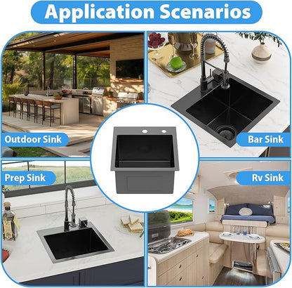 15 In Gunmetal Black Drop Bar Sink 15 x 15 Inch Kitchen Sink 18 Gauge Stainless Steel Single Bowl Topmount Handmade Sink for Outdoor, RV, 15x15x9