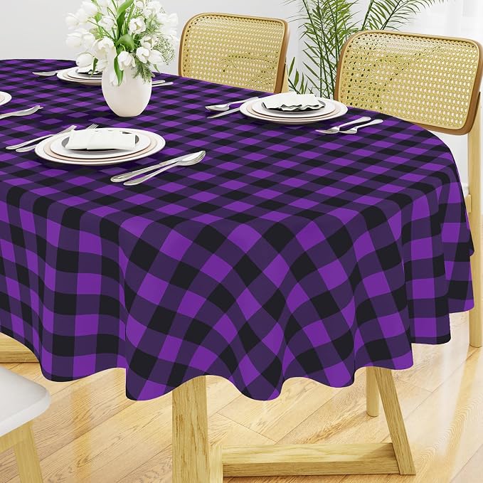 Smiry Oval Table Cloth, Vinyl Tablecloths with Flannel Backing, 60"x84" | Waterproof Picnic Table Cloth, Wipeable Buffalo Plaid Table Cover for Indoor and Outdoor (Black & Purple)