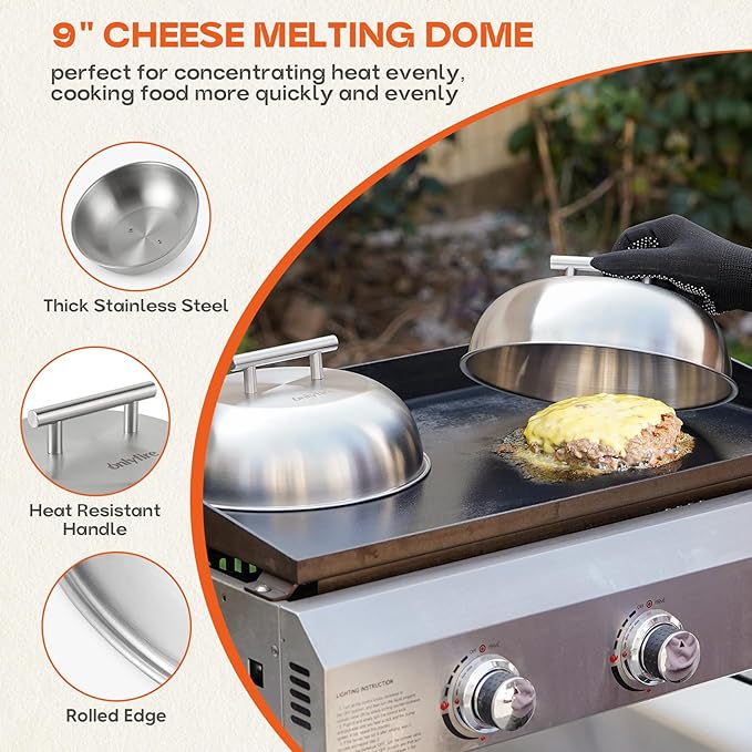 onlyfire 3pcs Griddle Accessories Kit for Blackstone, Cheese Melting Dome & Burger Press Kit for Outdoor Camping, Flat Top Teppanyaki Grilling & Steaming