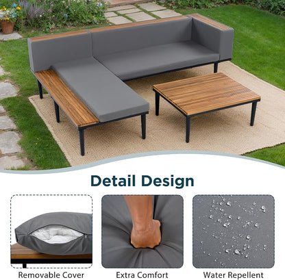VilroCaz Luxury Outdoor Patio Furniture Set, L-Shaped Acacia Wood Sectional Sofa with Side Table, All-Weather Conversation Set with Removable Cushions and Coffee Table for Backyard Porch (Gray-4.20)