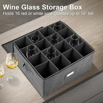popoly Stemware Storage Cases 2 Pack, Wine Glass Storage Box Containers | Glassware Storage Containers for Glassware or Crystal, Holds 32 Red or White Wine Glasses, Hard Top and Stackable (Grey)