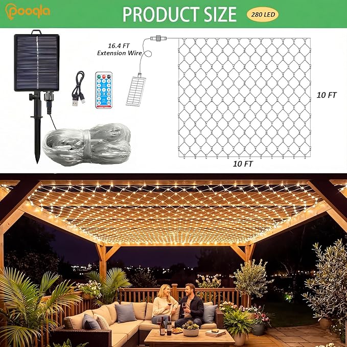 Pooqla Solar Net Lights, 10x10ft 280LED Gazebo Net Lights Outdoor with 8 Modes, Solar & USB Powered Waterproof String Lights Clear Wire, Chandelier for Pergolas, Patio, Bush, Backyard Decor Warm White
