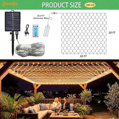 Pooqla Solar Net Lights, 10x10ft 280LED Gazebo Net Lights Outdoor with 8 Modes, Solar & USB Powered Waterproof String Lights Clear Wire, Chandelier for Pergolas, Patio, Bush, Backyard Decor Warm White