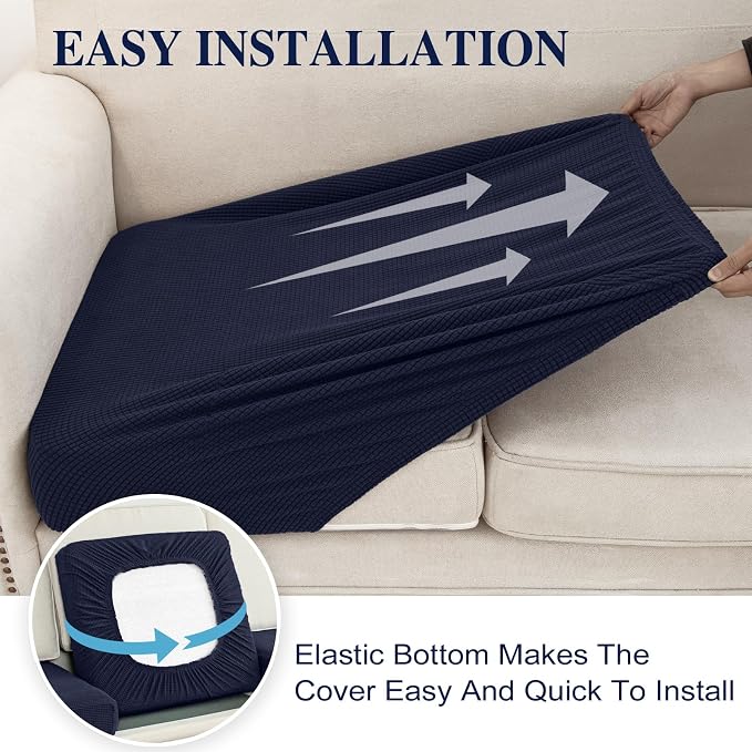 LA MEACK Couch Cushion Covers Seat Cushion Cover Stretch Couch Cover Separate Sectional Sofa Slipcovers Furniture Protector(3 Pieces for Seat or Sofa Backrest, Navy)