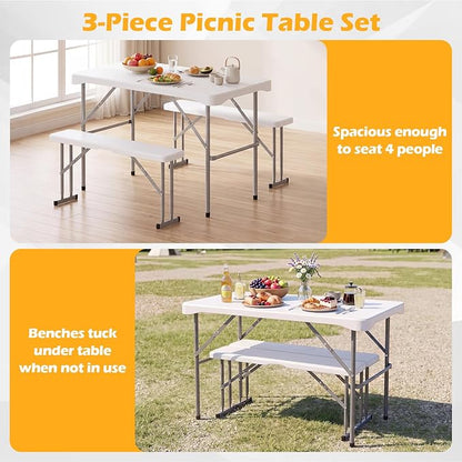 GIANTEX Folding Picnic Table Set w/ 2 Benches, 44" HDPE, White | Foldable Table & Chairs, All Weather Resistant, Space-Saving & Portable for Camping Party Dining BBQ, Large Weight Capacity