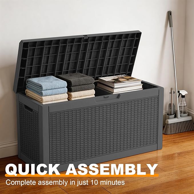 70 Gallon Waterproof Outdoor Storage Box,Deck Boxs for Outdoor and Indoor Use,Deck Storage Box for Picnic Supplies,Gardening Tools,Lockable and Easy to Install(Black)