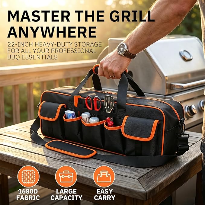 Grill Tool Storage Bag, 22"Large Capacity BBQ Tool Bag with 6 Pockets, 1680D Heavy Duty Blackstone Griddle Accessories Storage, Outdoor Camping Utensil Organizer with Shoulder Strap, Bag Only