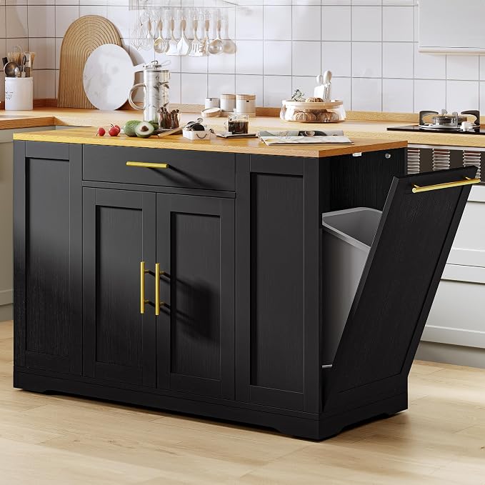 YITAHOME 53 Inch Movable Kitchen Island with Trash Can Storage Cabinet | Portable Mobile Islands with Wheels for 13 Gallon Garbage Bin, Black