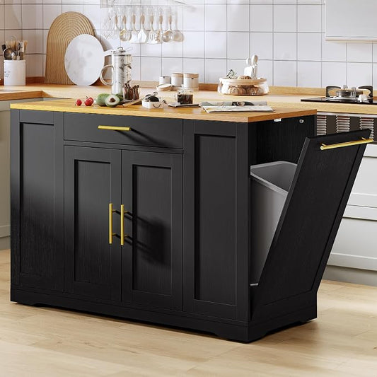 YITAHOME 53 Inch Movable Kitchen Island with Trash Can Storage Cabinet | Portable Mobile Islands with Wheels for 13 Gallon Garbage Bin, Black