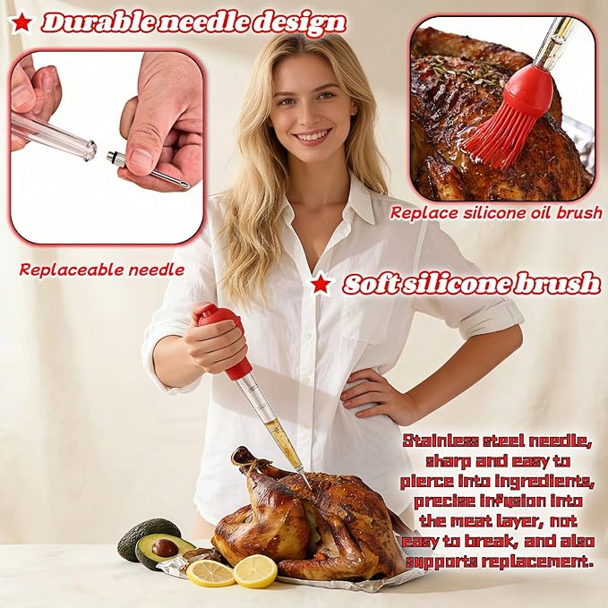 Turkey Baster with Cleaning Brush, Meat Injector Syringe with Detachable Silicone Bulb, 304 Stainless Steel Needle and Basting Brush for Roasting Chicken, 22ml Capacity (Red)